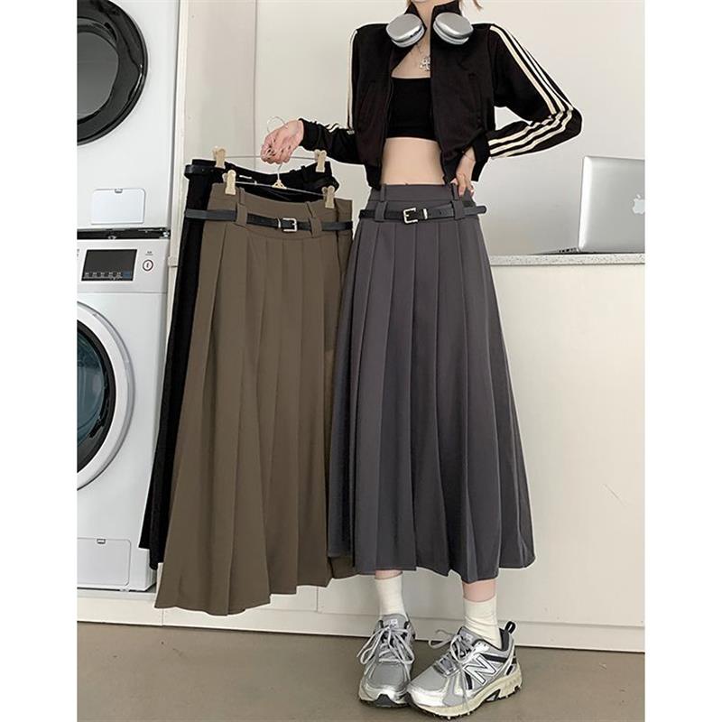 2024 New Korean Style Black Mid-Length a-Line Midi Skirt Female High ...