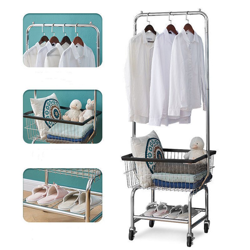 QM180x60x53cm Metal Wire Rolling Laundry Cart With Clothes Rack Basics 