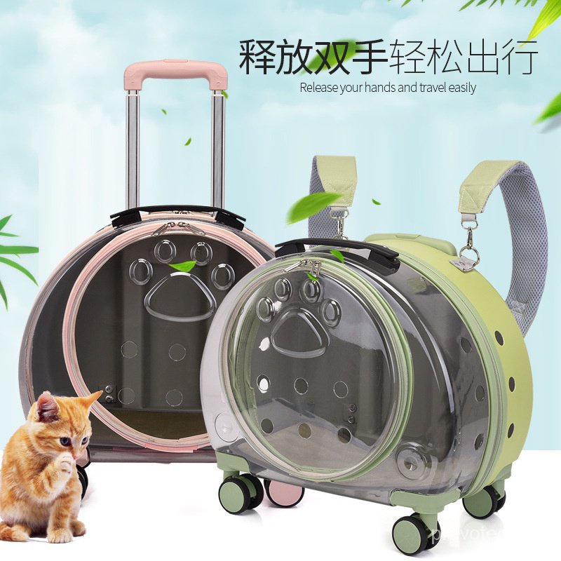 Clear Bubble Cat Carrier With Wheels - Portable Pet Trolley Backpack For Travel, Pink