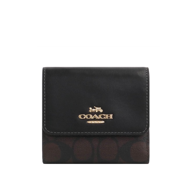 Coach Small Trifold Wallet In Blocked Signature Canvas Dark Brown