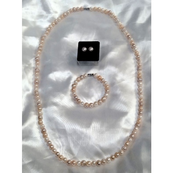 Rantai Leher &Set Mutiara Asli Mix Pearl colour (White,Lavender,Peach ...