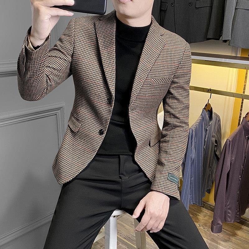 2023 Spring And Autumn Men S Suit Jacket Korean Style Trendy Casual Long  Slim Plaid Wool