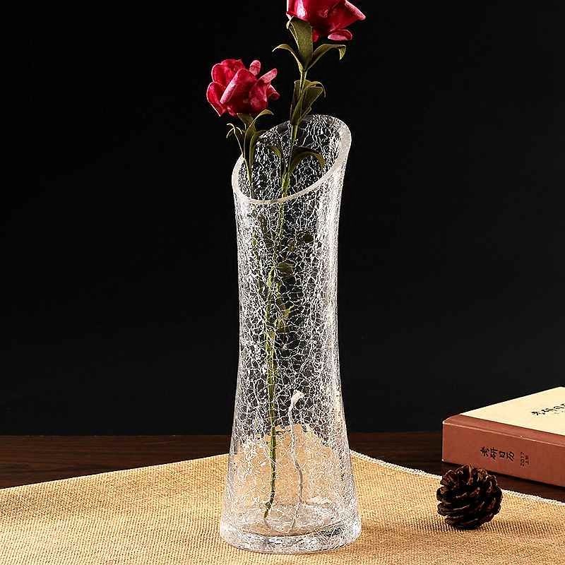 Ice crackle glass vase transparent living room flower arrangement Dracaena  sanderiana lily冰裂纹玻璃花瓶透明客厅插花富贵竹百合花瓶干花束腰斜口碎冰花瓶