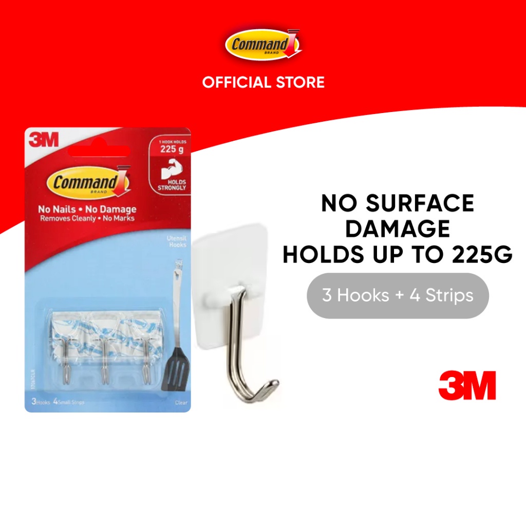 3M™ Command™ Utensil Hooks, 17067CLR, No Surface Damage, 3 hooks + 4  strips, For organizing and hanging items on walls