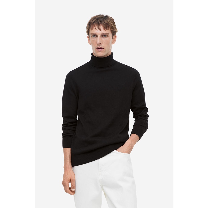 H&M Slim Fit Fine-Knit Polo-Neck Jumper - Black Dark