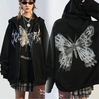 Mens Oversized Y2K Black Zip Up Hoodie With Punk Star Embroidery