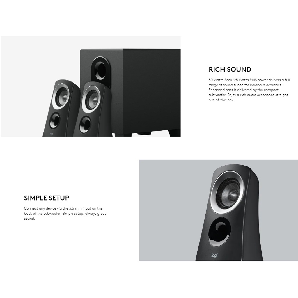 Logitech Z313 2.1 Multimedia Speaker System with Subwoofer, Full Range  Audio, 50 Watts Peak Power, Strong Bass, 3.5mm Audio Inputs,  PC/PS4/Xbox/TV/Smartphone/Tablet/Music Player - Black 