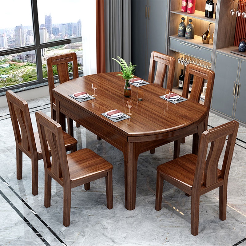 ST🟡Walnut Solid Wood Dining Tables and Chairs Set Retractable HighEnd