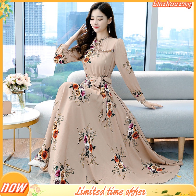 baju dress long dress korean style baju perempuan women dress baju wanita Slim long dress with big hem print long sleeve Shopee Malaysia