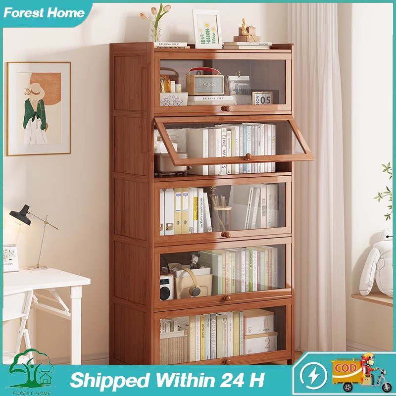 Kitchen Cabinet Bookcase with Door Wooden Bamboo Bookshelf Storage Book ...