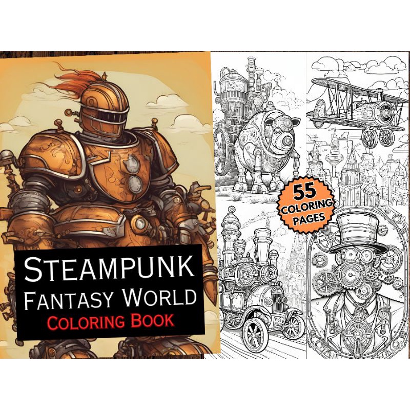 Steampunk Fantasy World Grayscale Coloring Pages - 55 Pages (PDF ...