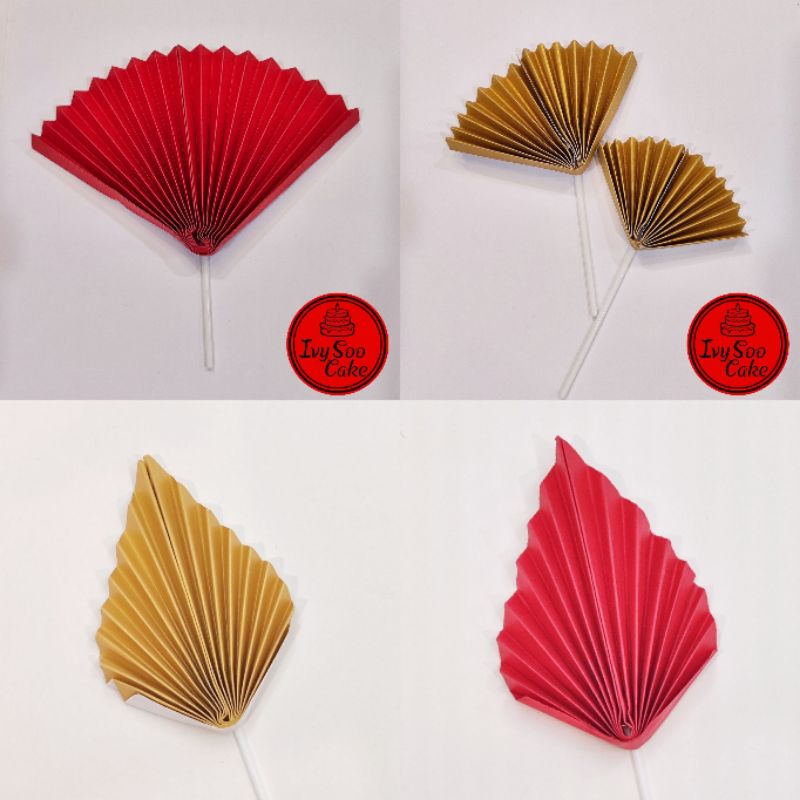 IVYSOO 金扇红扇叶子扇中国风纸扇蛋糕装饰插件 / Gold & Red Chinese Fan/Leaf Cake Topper ...