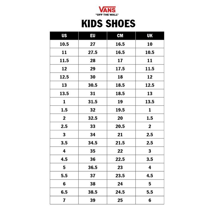Vans kids shoe chart sales