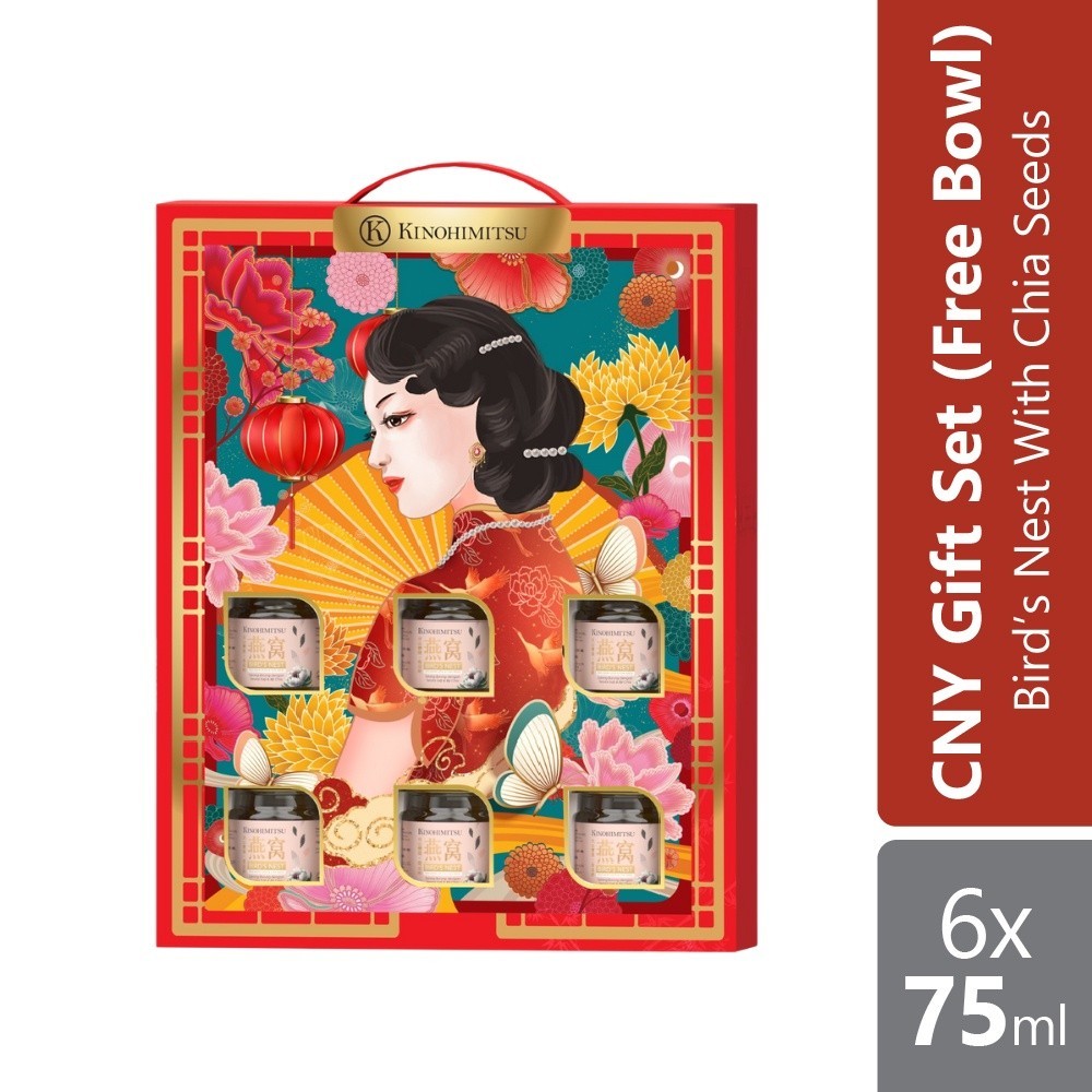 Kinohimitsu Snow Lotus Bird’s Nest with Chia Seeds 6 x 75ml Free Bowl Set CNY Gift Set 2024