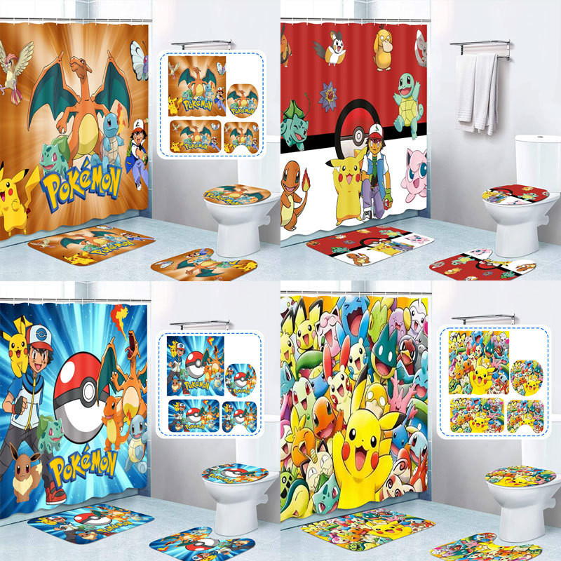 Get gifts/ATΨPokemon Shower Curtain FourPiece Set Pokémon Waterproof