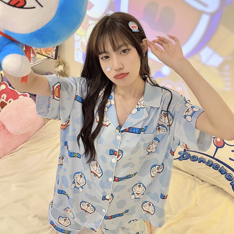 Summer Pajamas Female Cartoon Tinkerbell Cat Doraemon Short-Sleeve ...