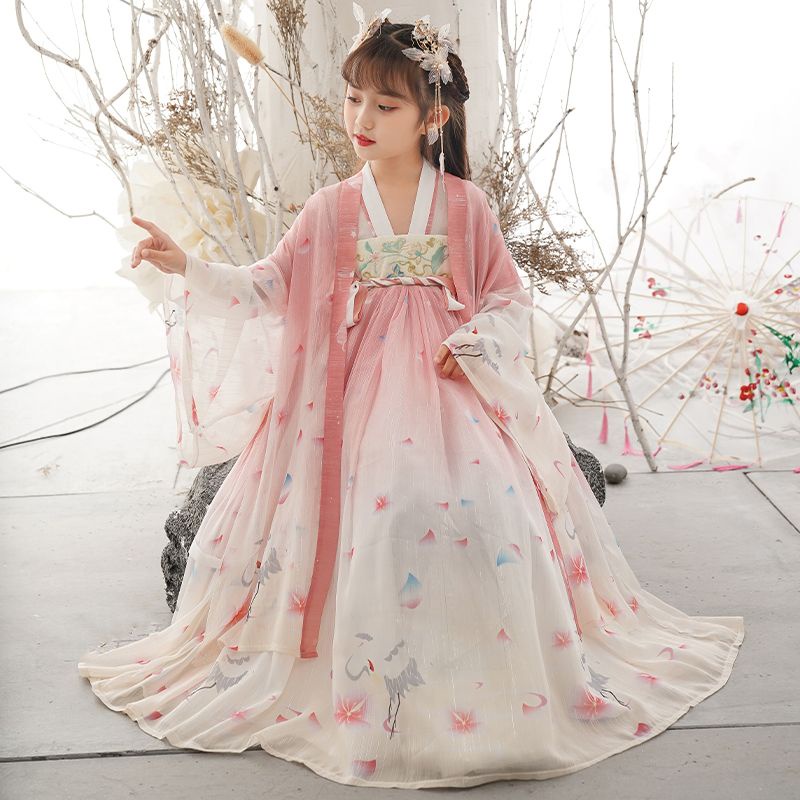 Hanfu Girls Chinese Children Pink Long-Sleeve Hnauf Two Piece Super ...