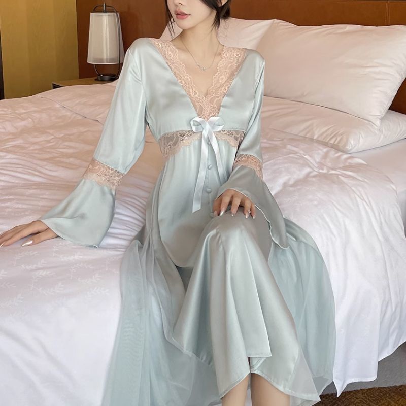 100% Silk pajamas Women lace sexy nightgown dress gown silk pajamas home  service female spring Sleepwear Nightdress