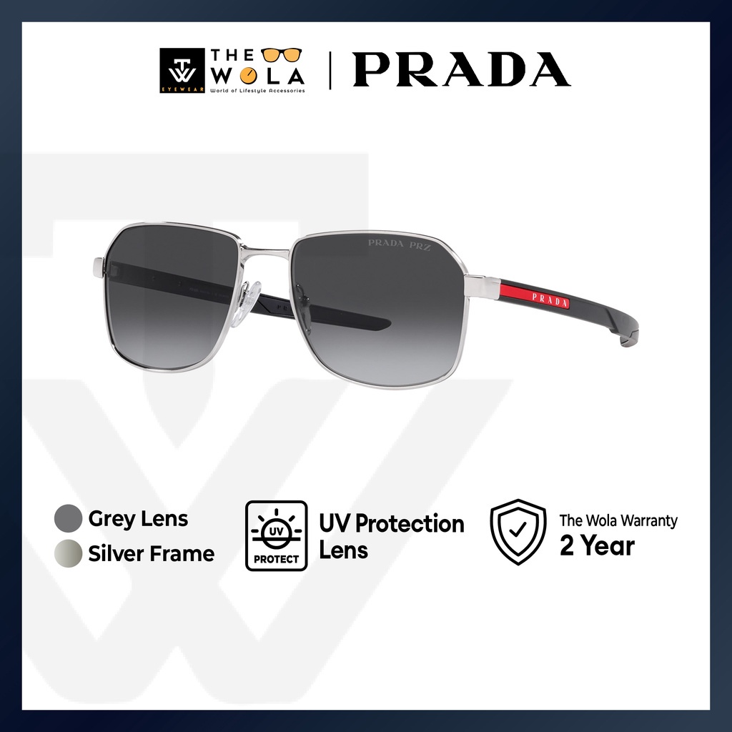 (2 Years Warranty) Prada Linea Rossa Men's Rectangle Frame Silver Metal