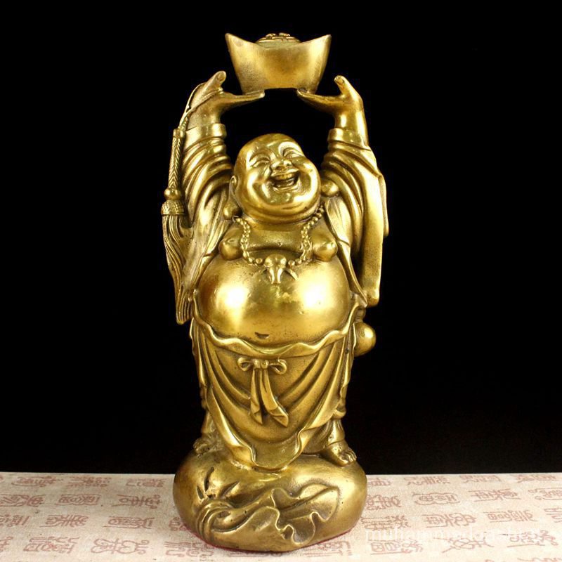 Q💕pure Brass Maitreya Buddha Hands Up Smiling Buddha Holding Ingot 