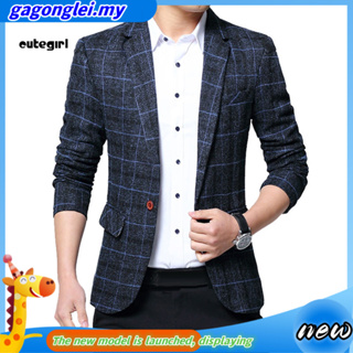 CGM-Fashion Men Plaid Lapel Slim Fit Blazer Jacket Coat One Button