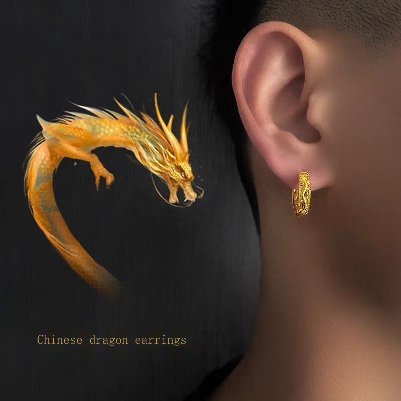 National trend style golden sterling silver needle gold dragon earrings for  men, trendy personality, high-end, light lux