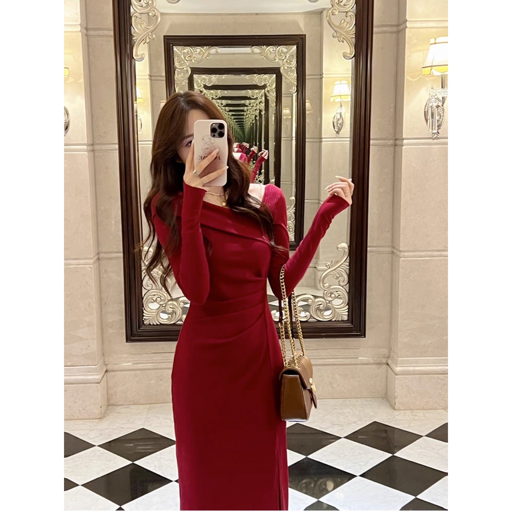 slim fit dress slacks Nana Jacqueline Althea Velvet Maxi Dress in Red