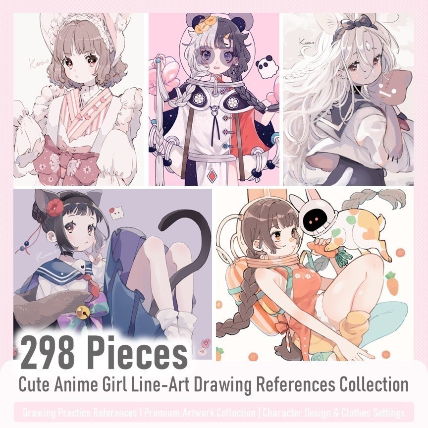🔥 Digital Illustration Collection - Cute Anime Girl Line-Art Drawing ...