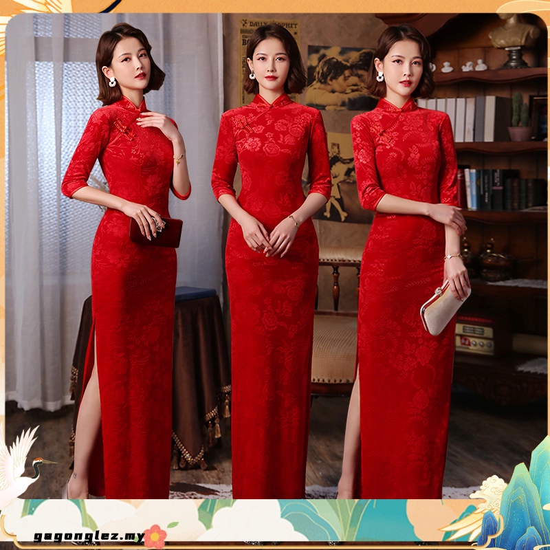 Red 3/4 Sleeve Long Cheongsam Velvet Slim Mother Dress Elegant