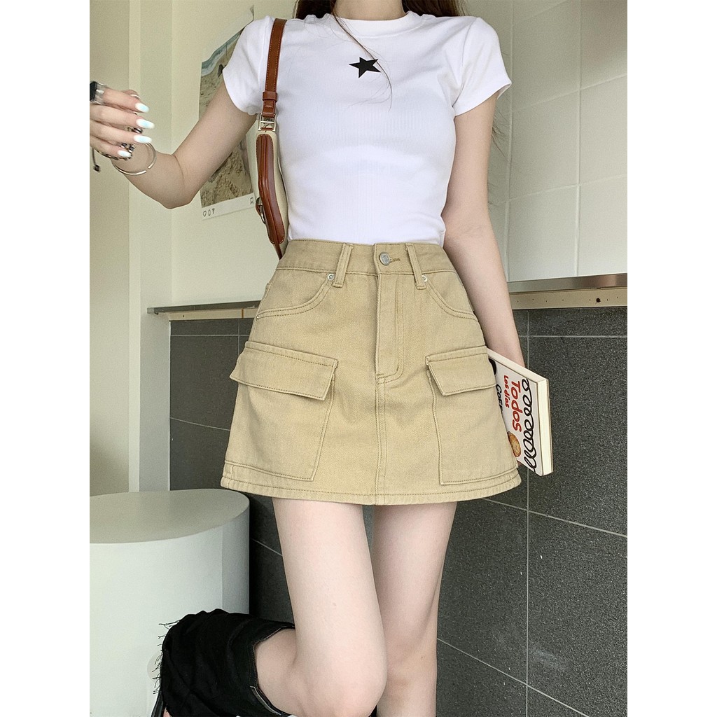 Knee length khaki denim skirt hotsell