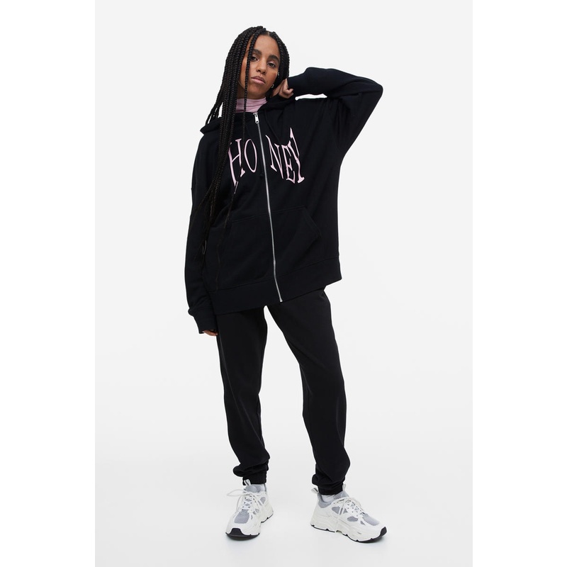 H&M Oversized Printed ZipThrough Hoodie Black Dark Shopee Malaysia