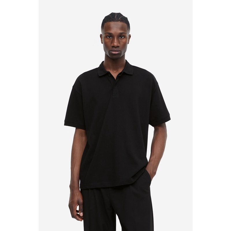 H&M - Relaxed Fit Piqué polo shirt - Black Dark | Shopee Malaysia