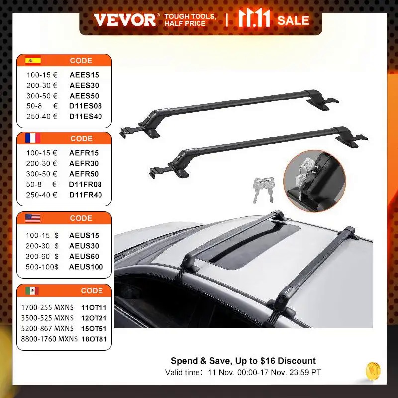 VEVOR 155LBS Roof Rack Crossbar Adjustable Aliuminum Roof Rail Crossbar ...