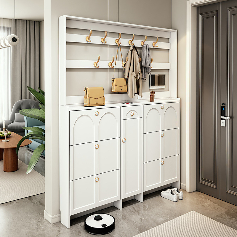 J-H/ Solid Wood Shoe Cabinet Clothes Rack Integrated Cream Style ...
