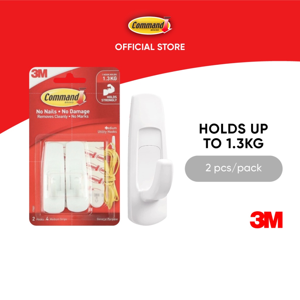 3M™ Command™ Utility Hooks, 17001, Holds Up To 1.3kg, 2 Hooks + 4 ...