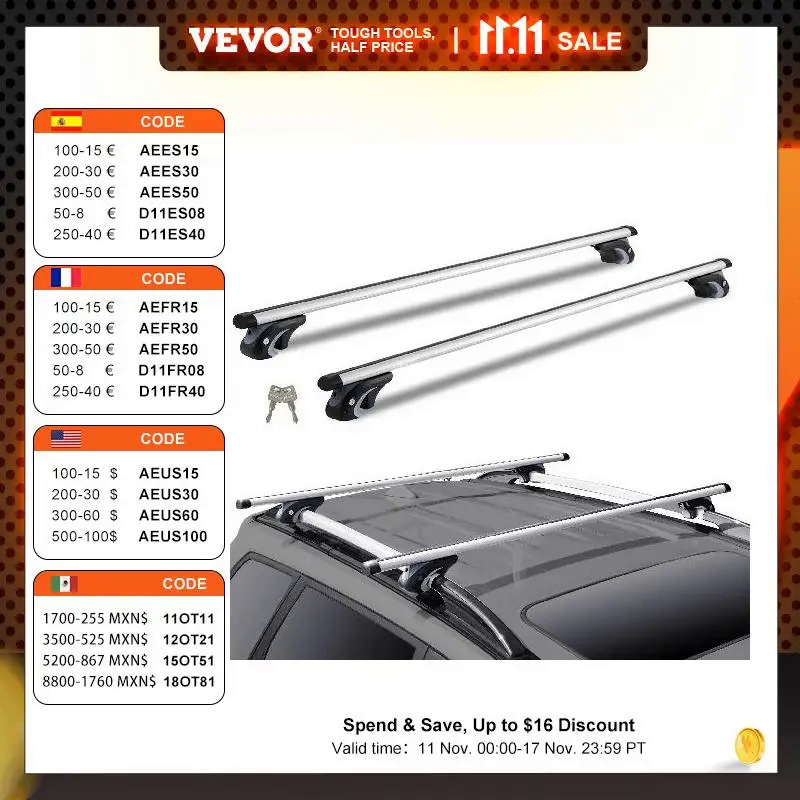 VEVOR Roof Rack Crossbar Adjustable Aliuminum Roof Rail Crossbar Baggage Luggage Carrier 200LBS