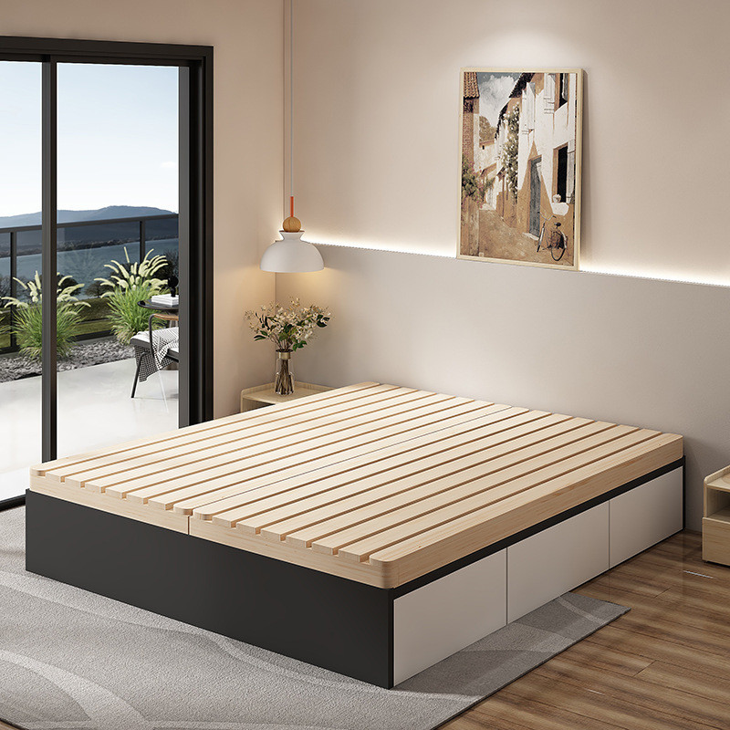 ST-⛵Tatami Bed Frame Solid Wood Bed Frame Simple Rib Grills Hotel ...