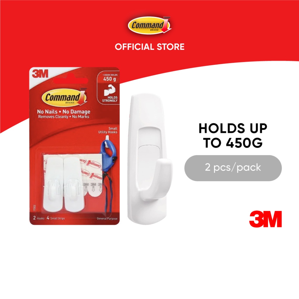 3M™ Command™ Utility Hooks, 17002, Holds Up to 450g, 2 hooks + 4 strips ...