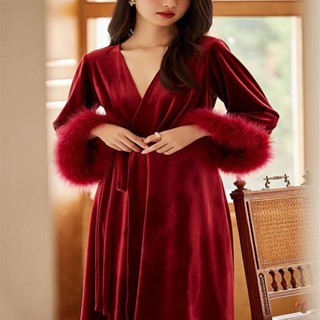 2024 New Style French Dressing Robe Bride High End Feather Wedding Nightgown Gold Velvet Benming Red Pajamas Ladies Ready Stock Ready Stock Shopee Malaysia