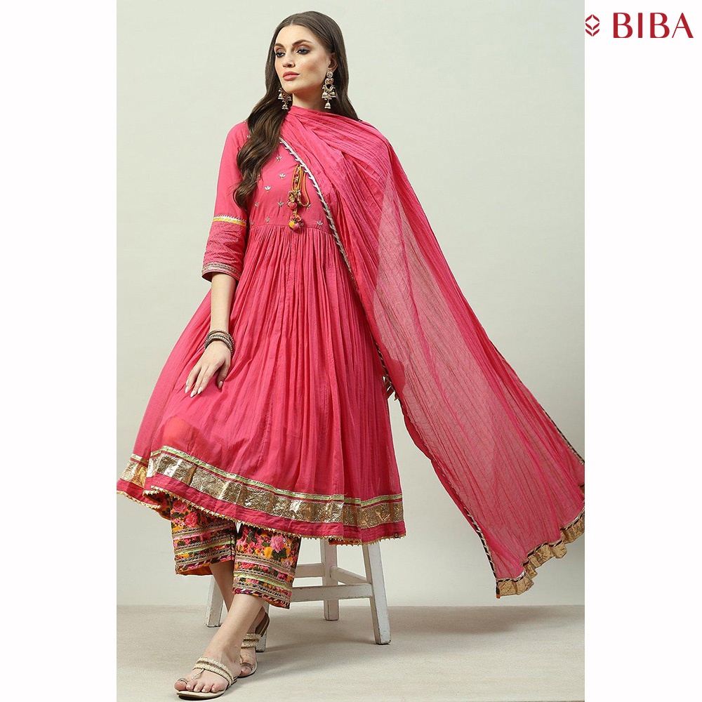 BIBA Ethnic Indian Wear Women s Cotton Anarkali 3 4 Sleeve Kurta Palazzo Suit Set Shopee Malaysia