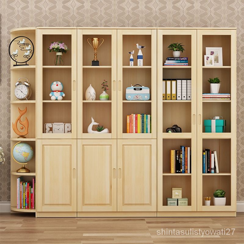 Q💕Solid Wood Bookcase Bookshelf Free Combination Glass Bookcase Locker