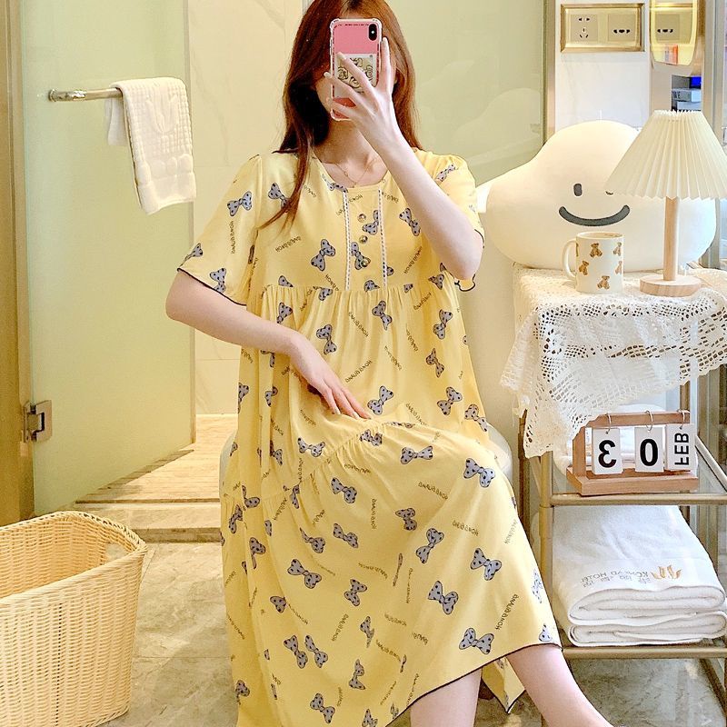 READY STOCK Baju tidur wanita Cotton Silk Night Dress Plus Size Nightwear Women Mid Length Summer Short Sleeve Floral Dresses Comfortable sleeping clothes Loose And Thin Can Be Worn Outside With Print...