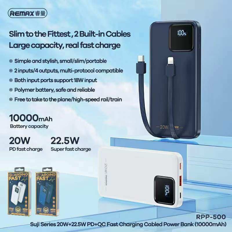 Original REMAX RPP-500 Power Bank 10000mAh Fast Charging 2 Built-in ...