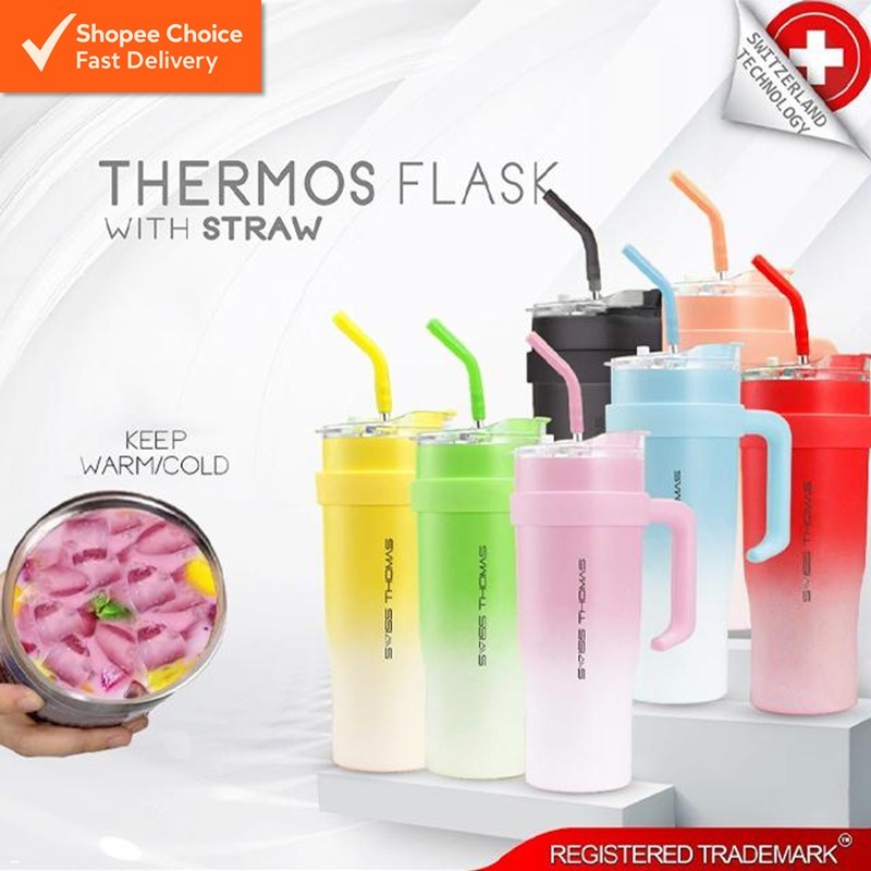 Swiss Thomas Double-Layer Insulated Stainless Steel Thermos Flask with  Handle and Straw