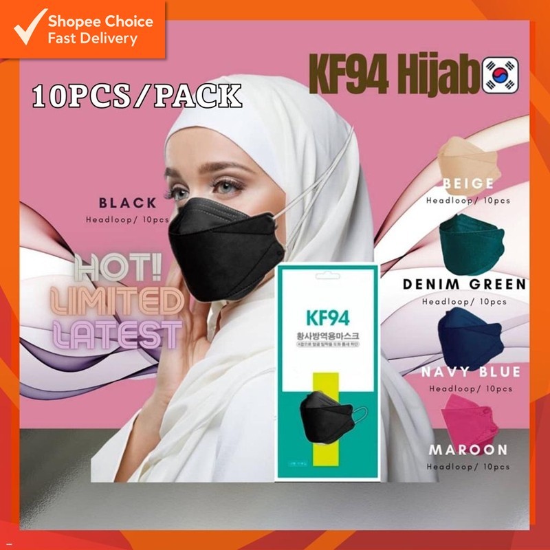 KF94 4-Ply Face Mask | Hijab Headloop & Earloop | 2-Tone / 3-Tone Color ...