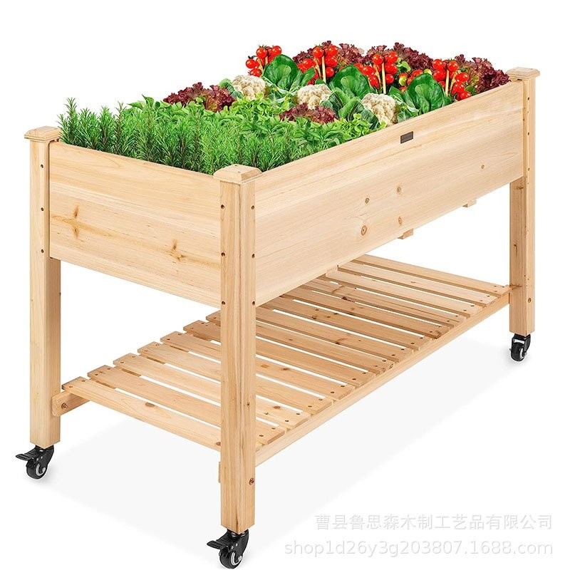 ST-ΨOutdoor Wooden Flower Rack Movable Home Planting Gardening Trolley ...