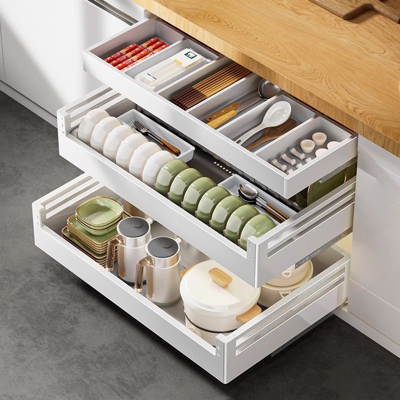J-H/Pull-Out Kitchen Cabinet Cream White Drawer Bowl Basket Spice Rack ...