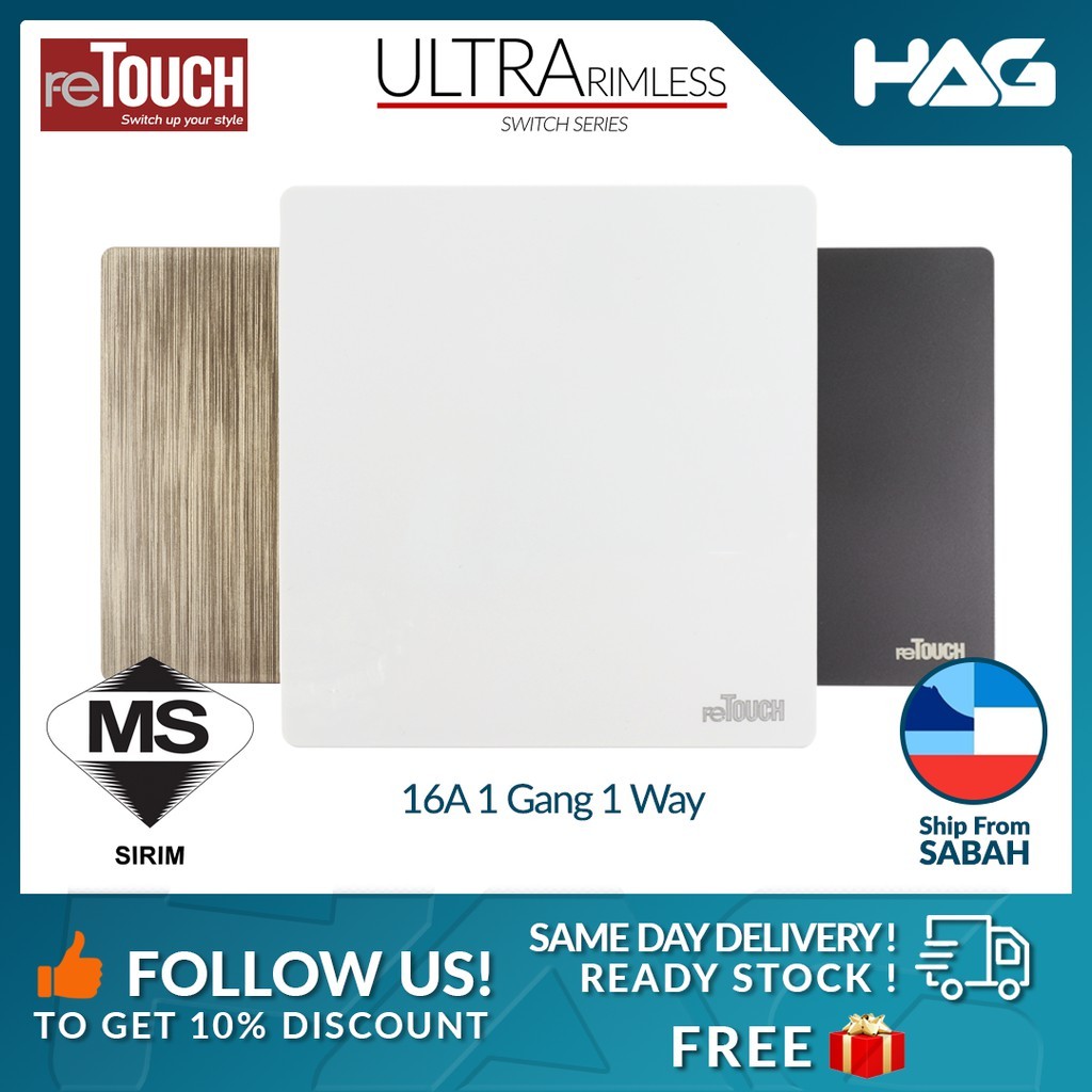 HAG® SIRIM reTOUCH Ultra Rimless 16A 1 Gang 1 Way Switch Frameless Slim ...