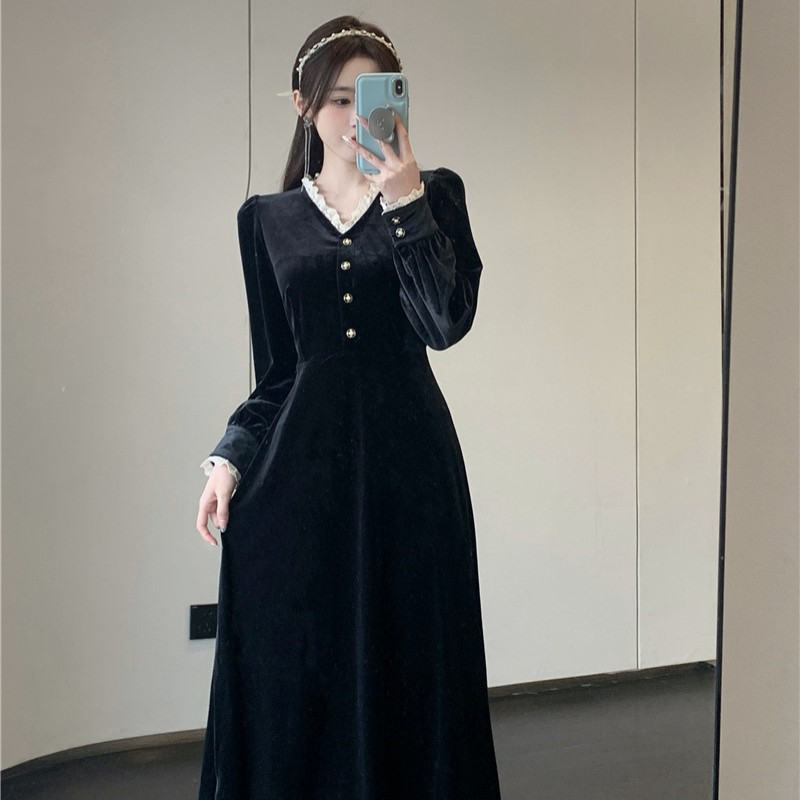New Dress Elegant Wind Temperament Bottoming Black Gold Velvet Dress Waist  Slimming | Shopee Malaysia