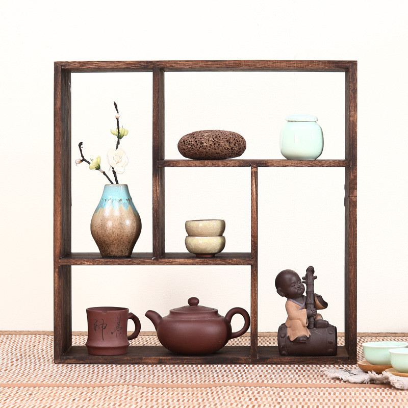 J-H/Solid Wood Vintage Desktop Tea Set Grid Storage Cabinet Teapot ...